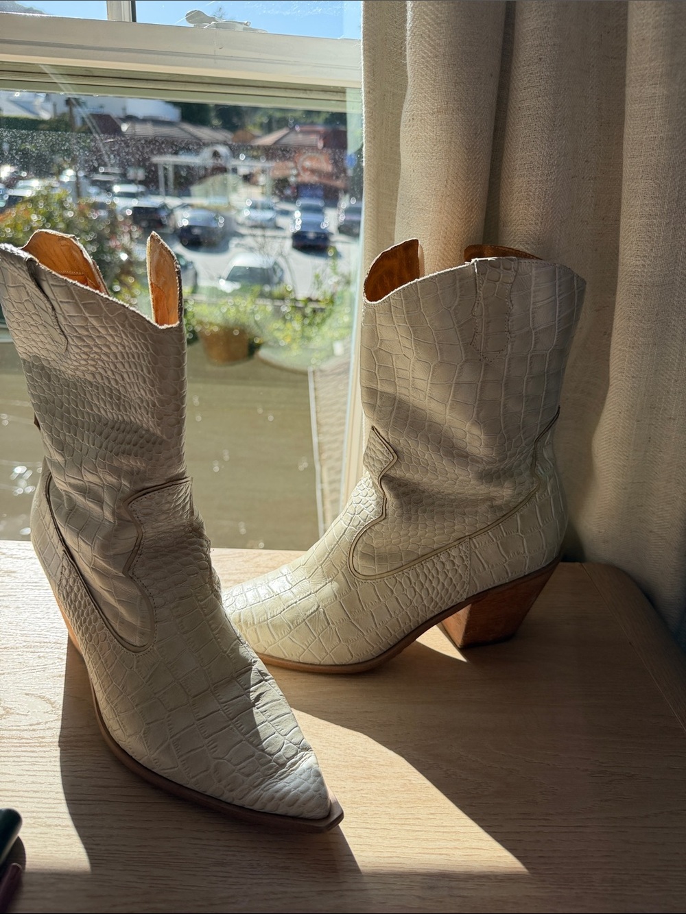 Women’s Cream Croc-Embossed Western Ankle Boots